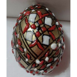 Romanian Pysanky Hand Painted Real Easter Egg Gold Red Checked Multi-color